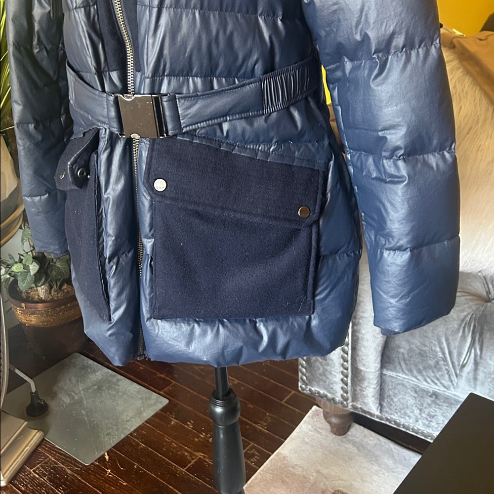 Andrew Marc Fox Fur
Trim Hood Belted Puffer Navy Jacket - Picture 2 of 14
